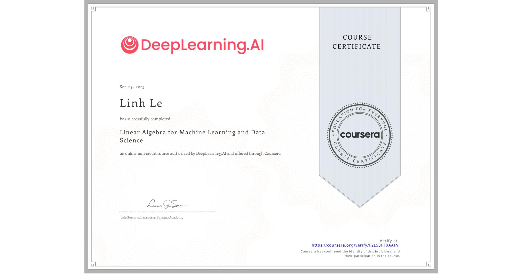 Linear Algebra for Machine Learning and Data Science Certification - Deeplearning.ai