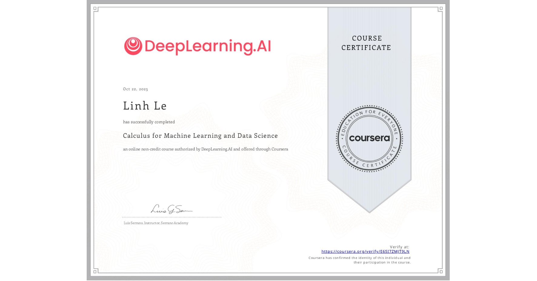 Calculus for Machine Learning and Data Science Certification - Deeplearning.ai
